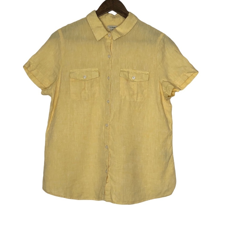 L.L.Bean Linen Yellow Collared Button Up Top Size Medium